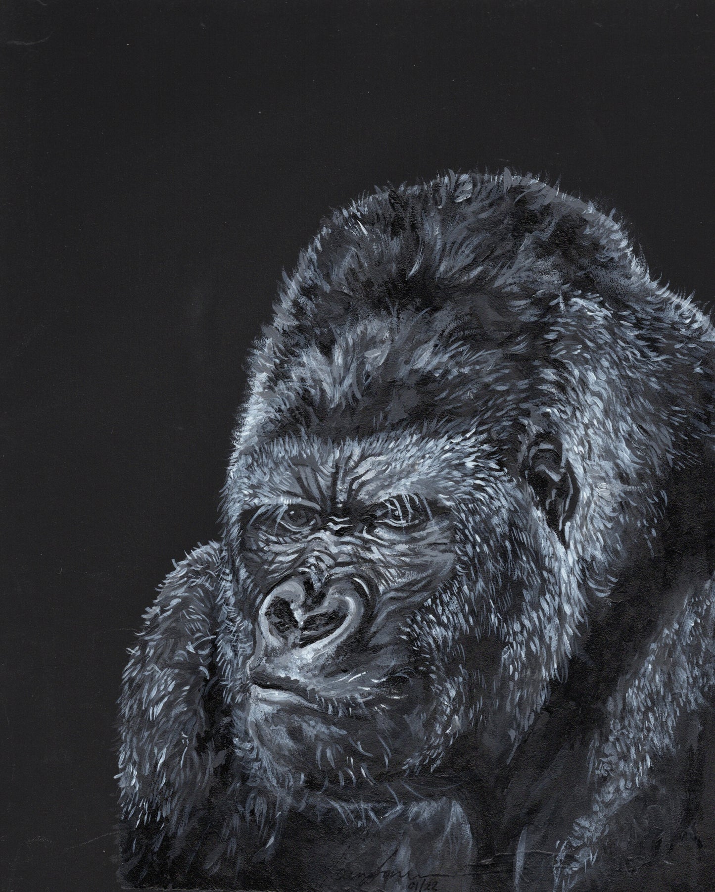 Gorrilla with a thoughtful face, painted in black and white with photorealistic style with marginally expressive mark making.