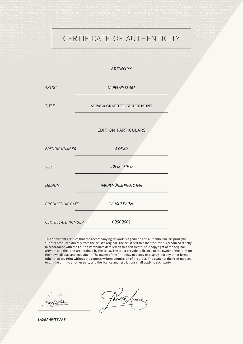Alpaca Graphite Giclee Print — Certificate of Authenticity