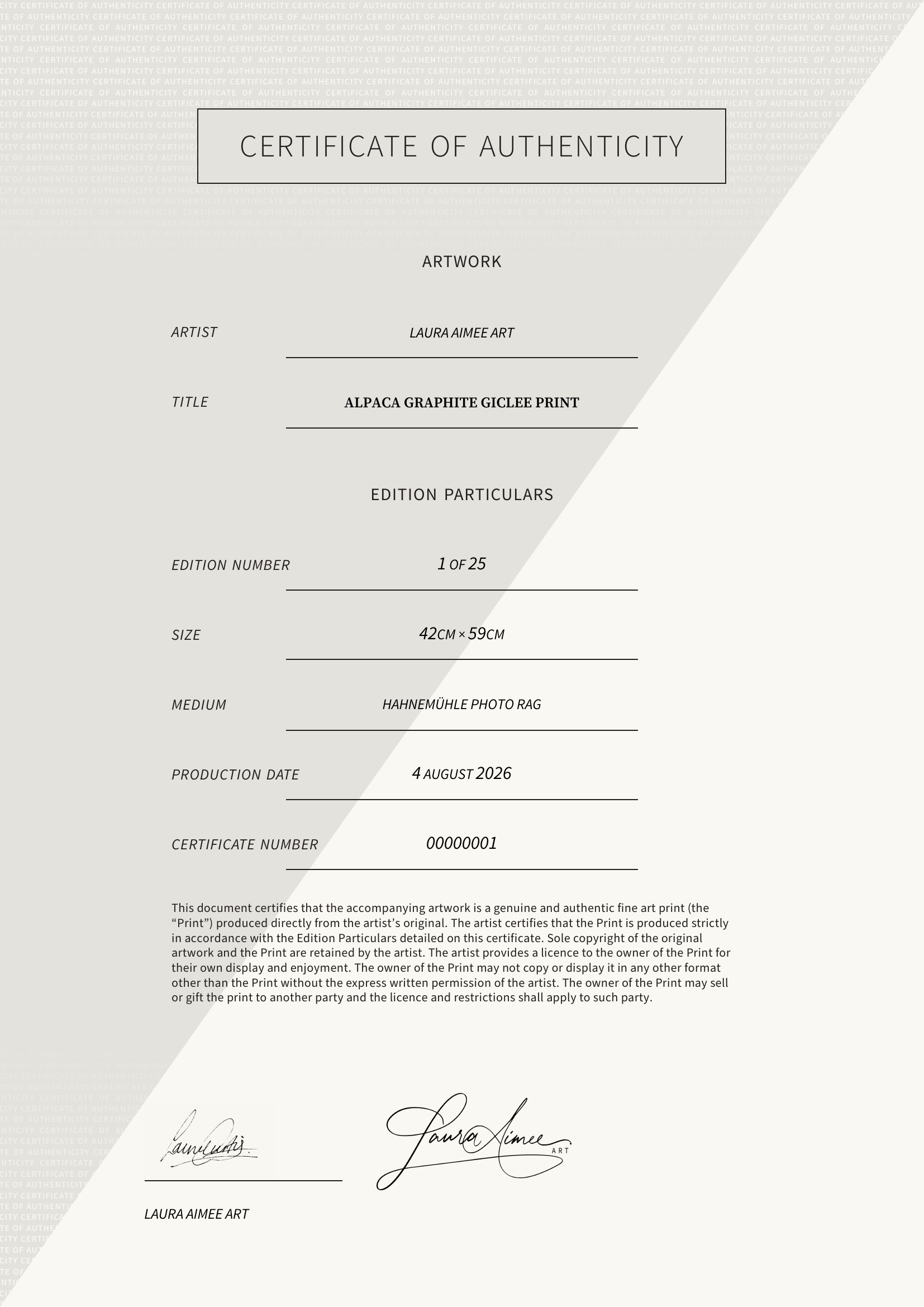 Alpaca Graphite Giclee Print — Certificate of Authenticity