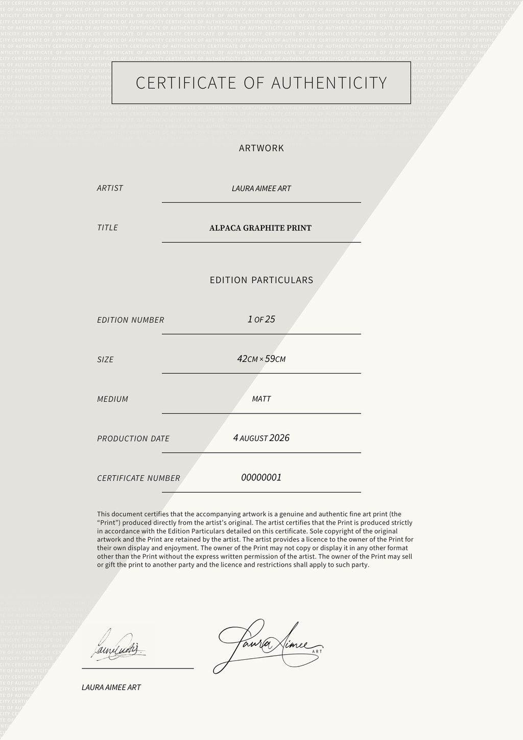 Alpaca Graphite Print  — Certificate of Authenticity