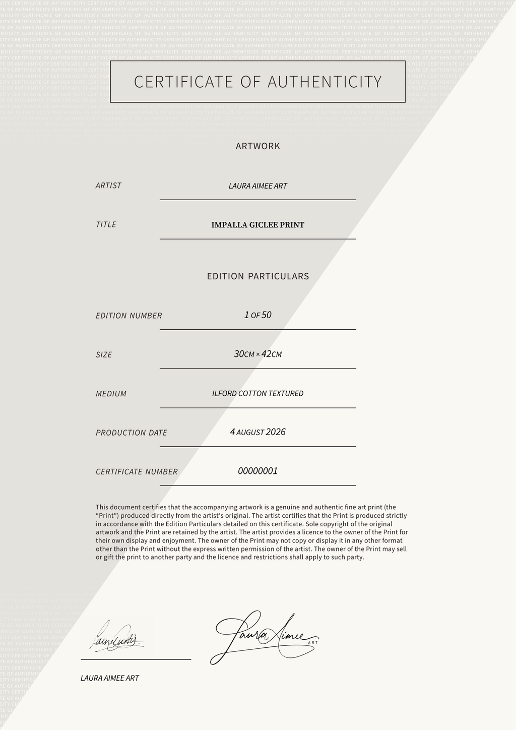 Impalla Giclee Print — Certificate of Authenticity