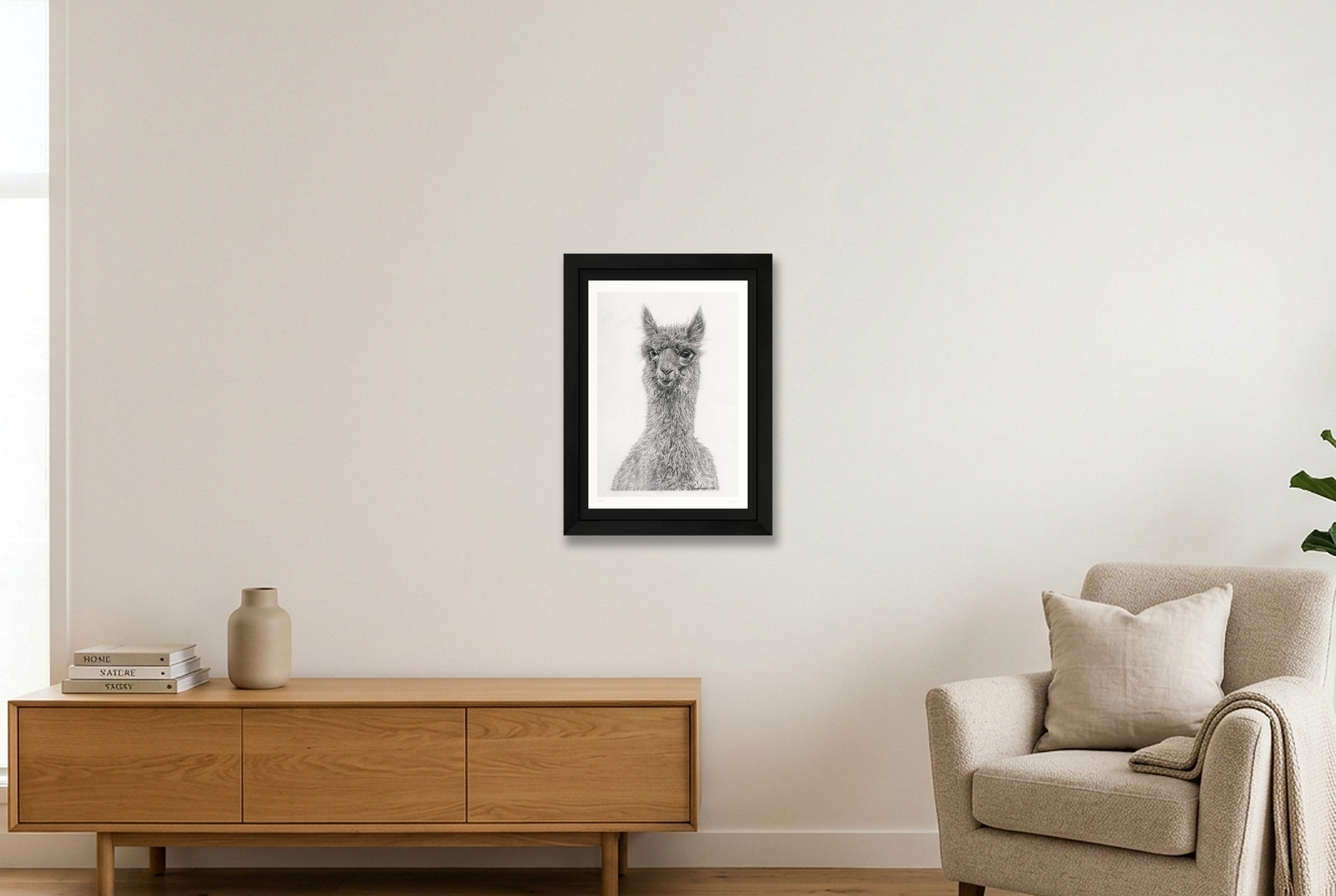 Alpaca Graphite Giclee Print — A4 (21×30cm, 8×12") Black Frame