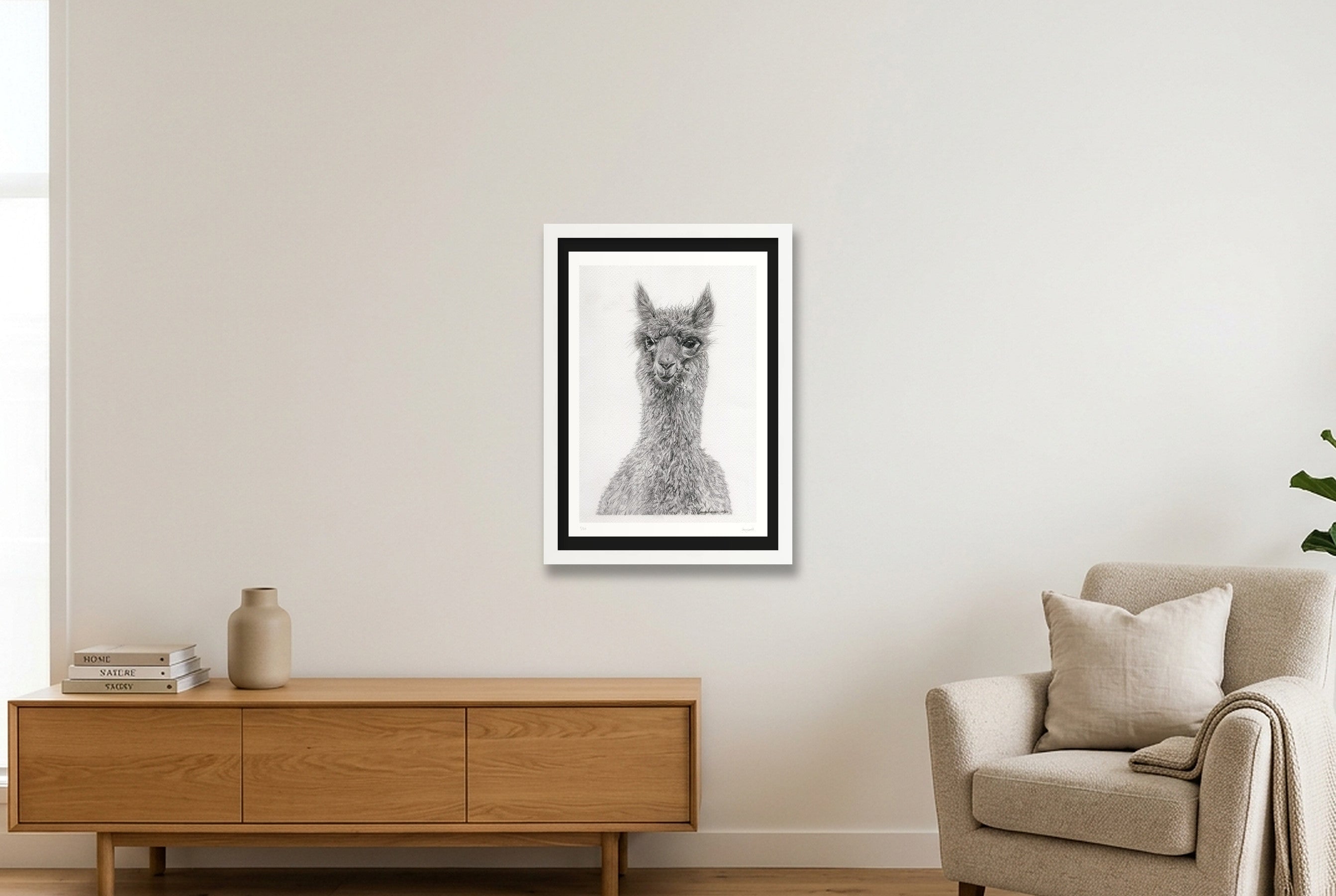 Alpaca Graphite Giclee Print — A3 (30×42cm, 12×17") White Frame