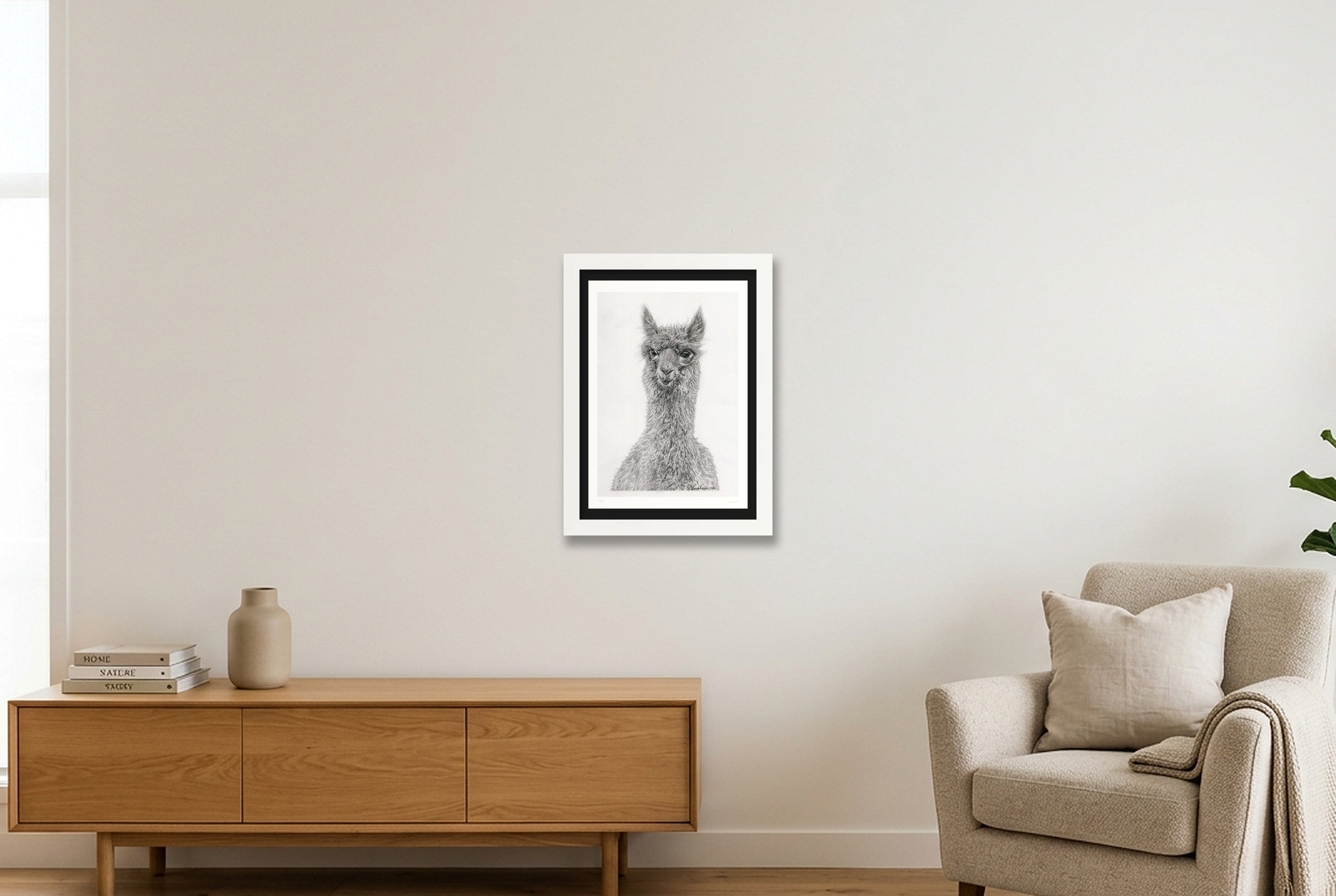 Alpaca Graphite Giclee Print — A4 (21×30cm, 8×12") White Frame