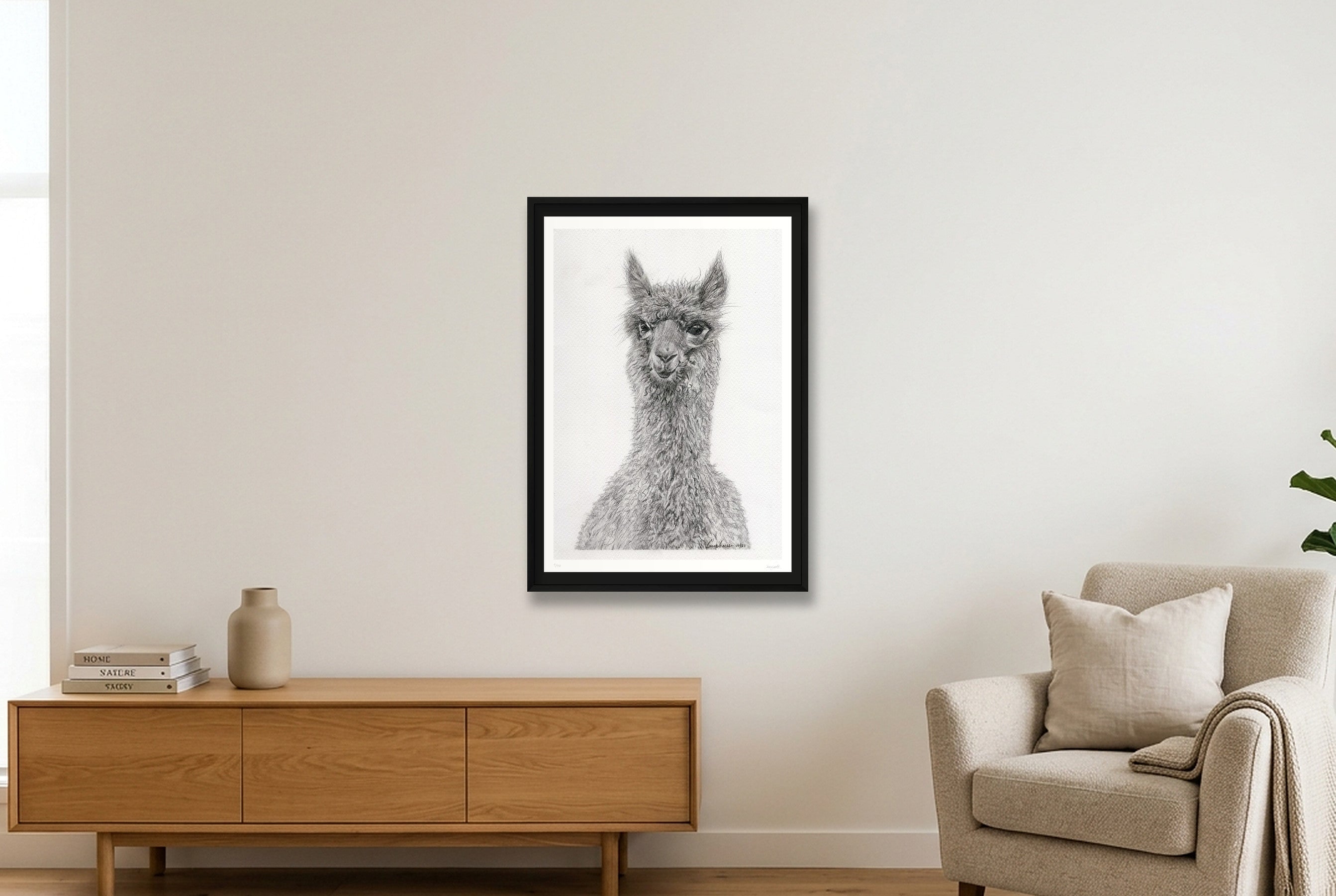 Alpaca Graphite Giclee Print — 70×100cm, 28×39" Black Frame