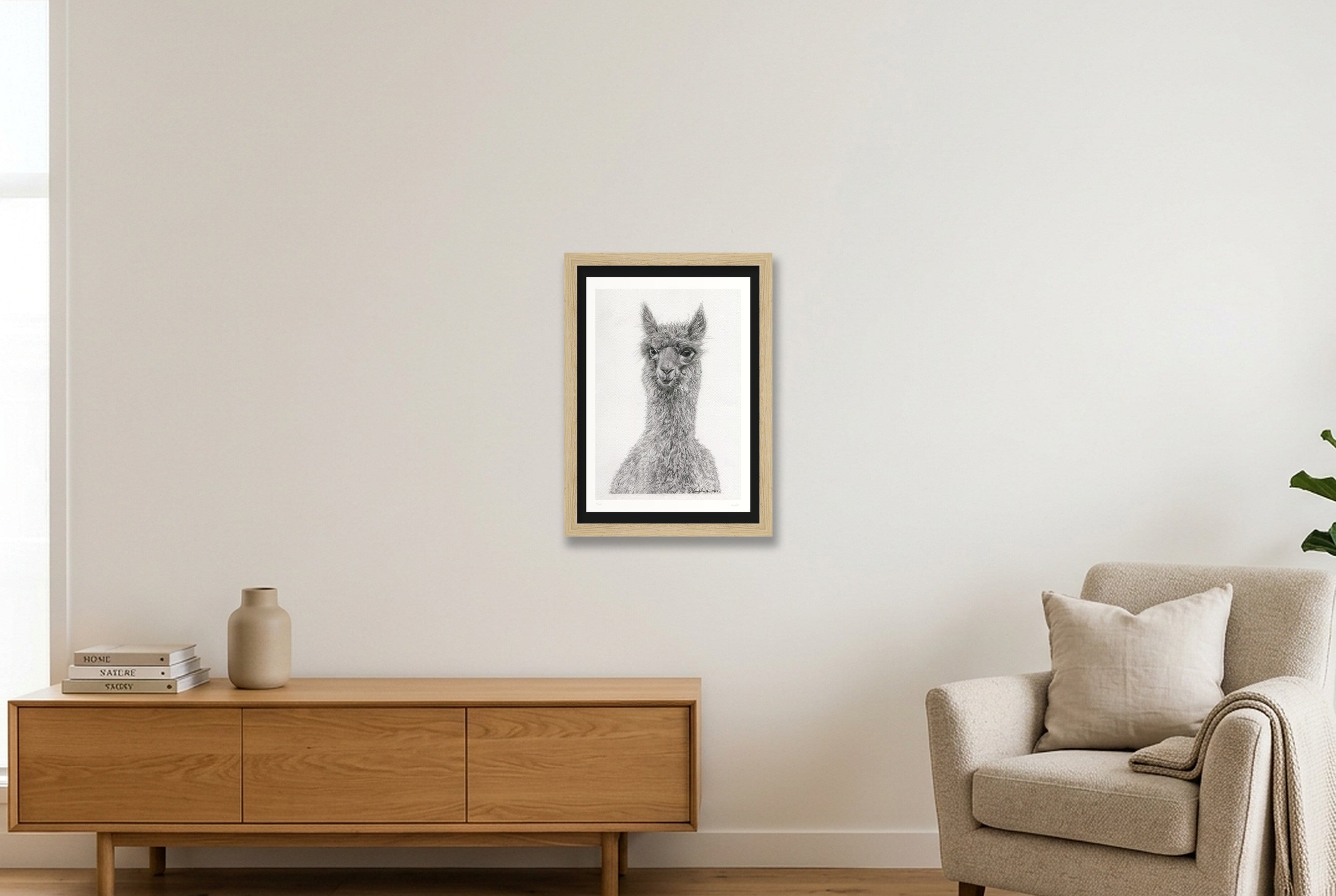 Alpaca Graphite Giclee Print — A4 (21×30cm, 8×12") Oak Frame