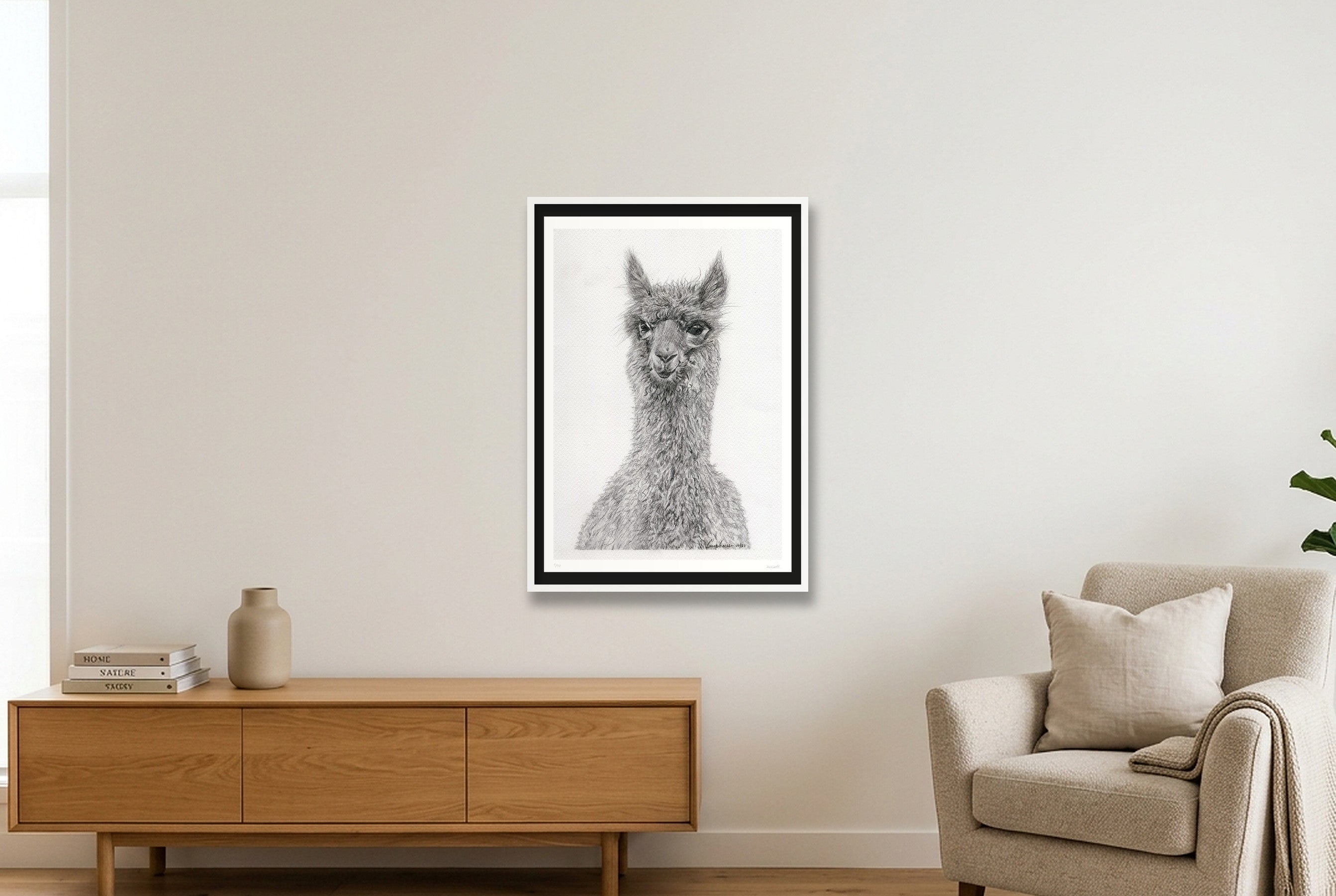 Alpaca Graphite Giclee Print — 70×100cm, 28×39" White Frame