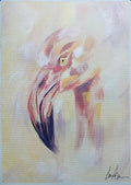 Pink flamingo acrylic head painting, drawn in an expressive manner with visible bold mark making . 