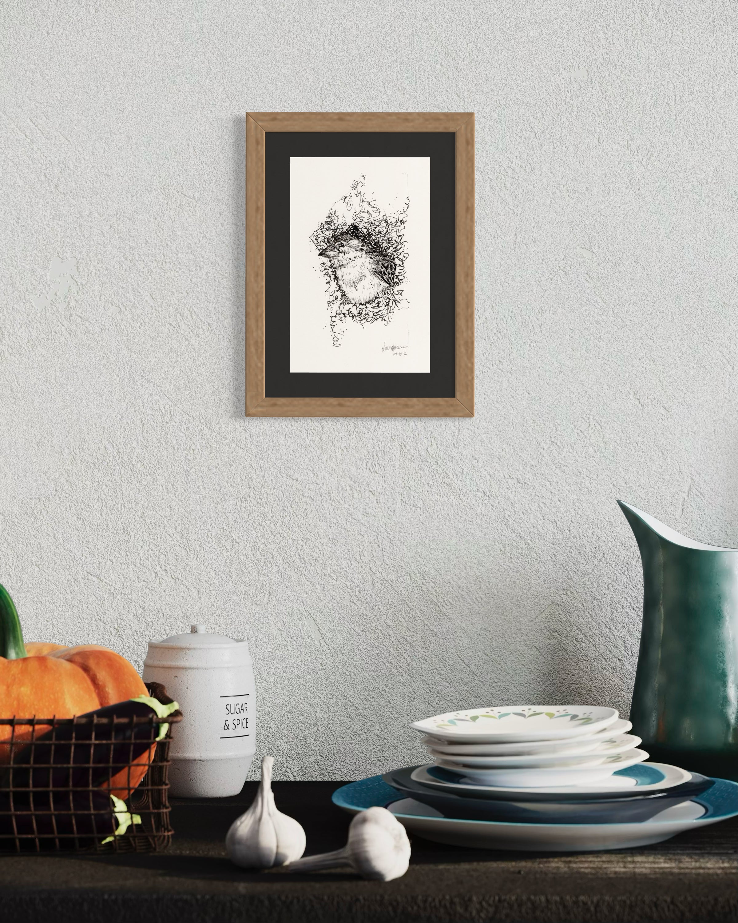 Bird & Nest Fineliner Pen Sketch