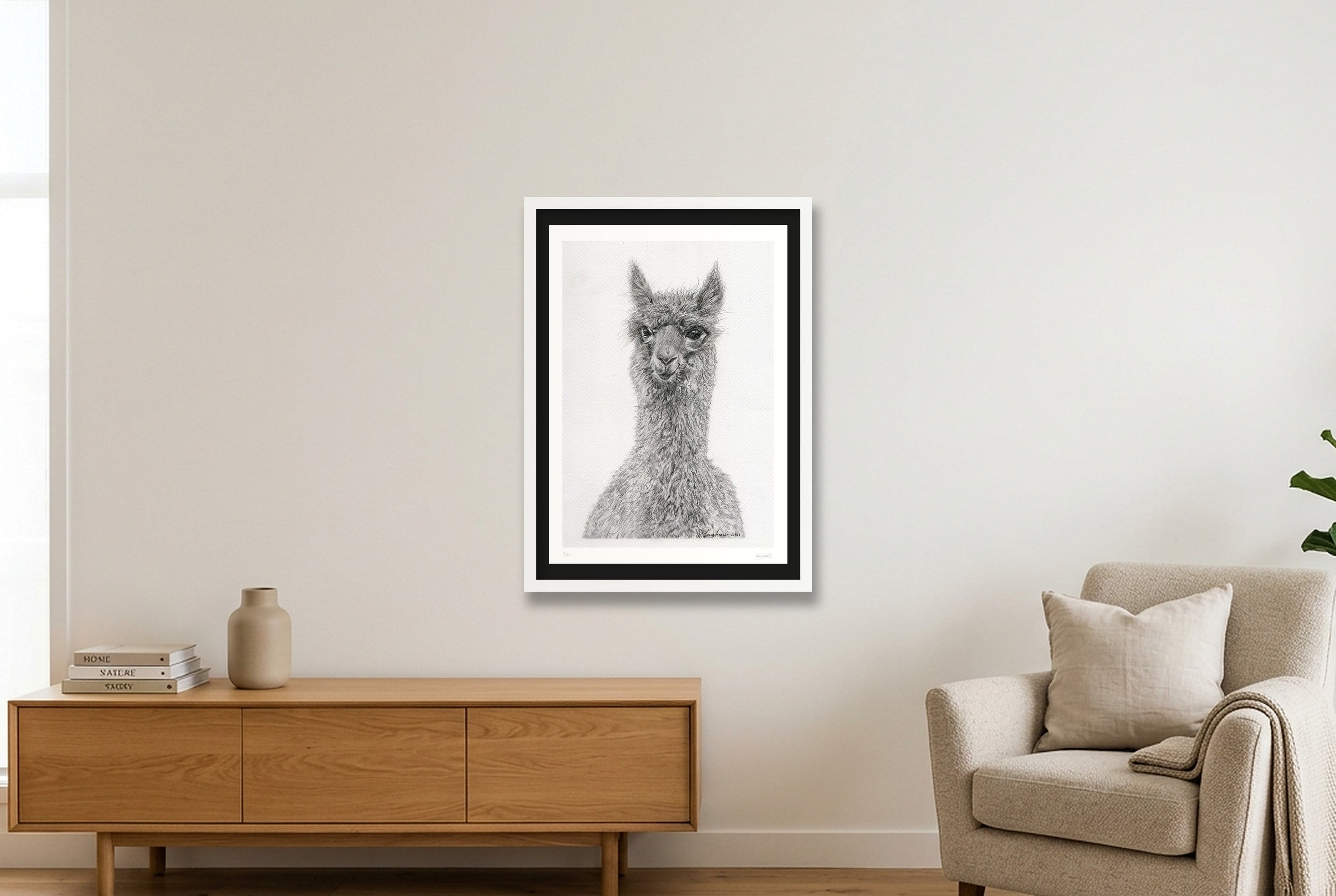 Alpaca Graphite Giclee Print — 42×59cm, 17×23" White Frame