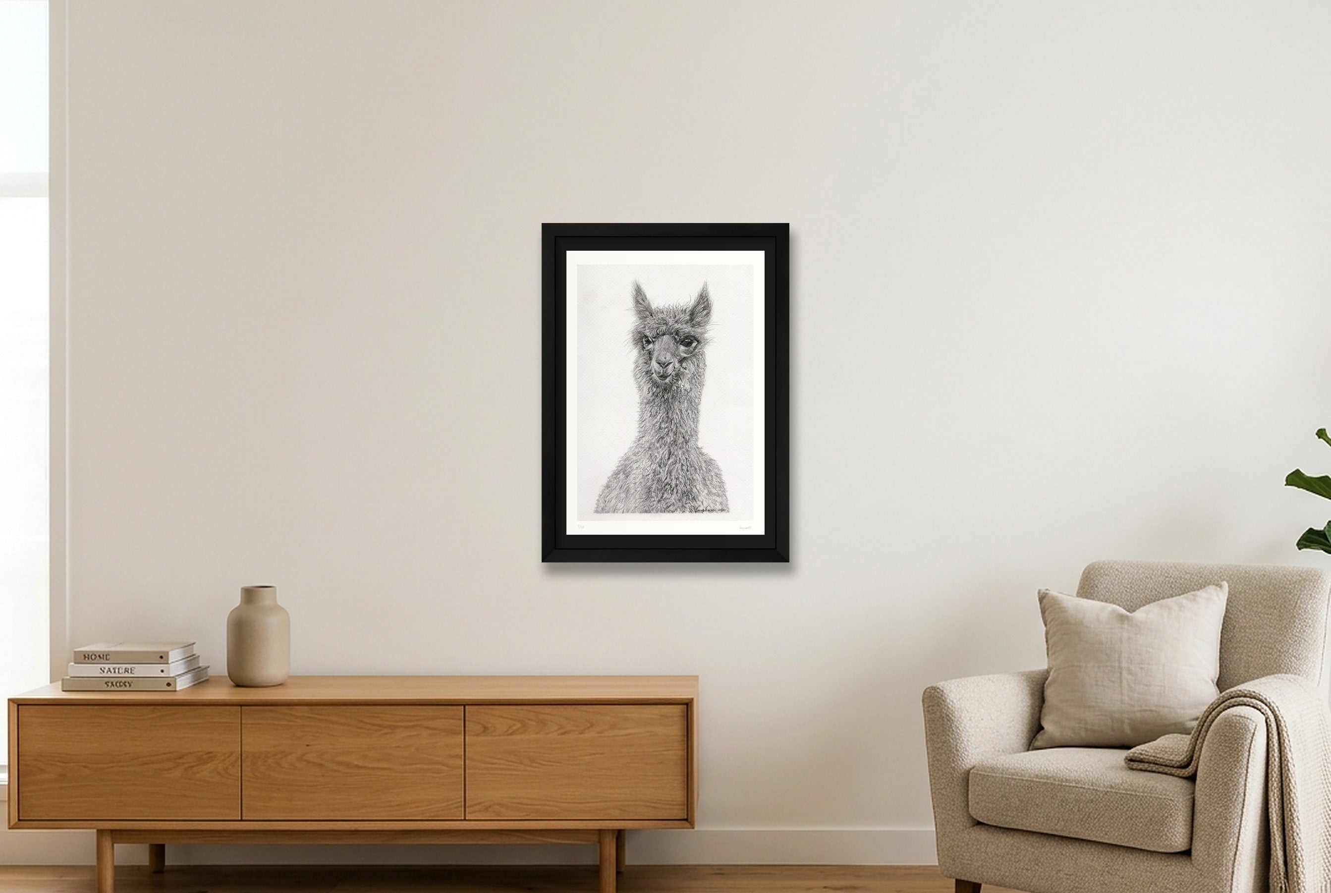 Alpaca Graphite Giclee Print — A3 (30×42cm, 12×17") Black Frame