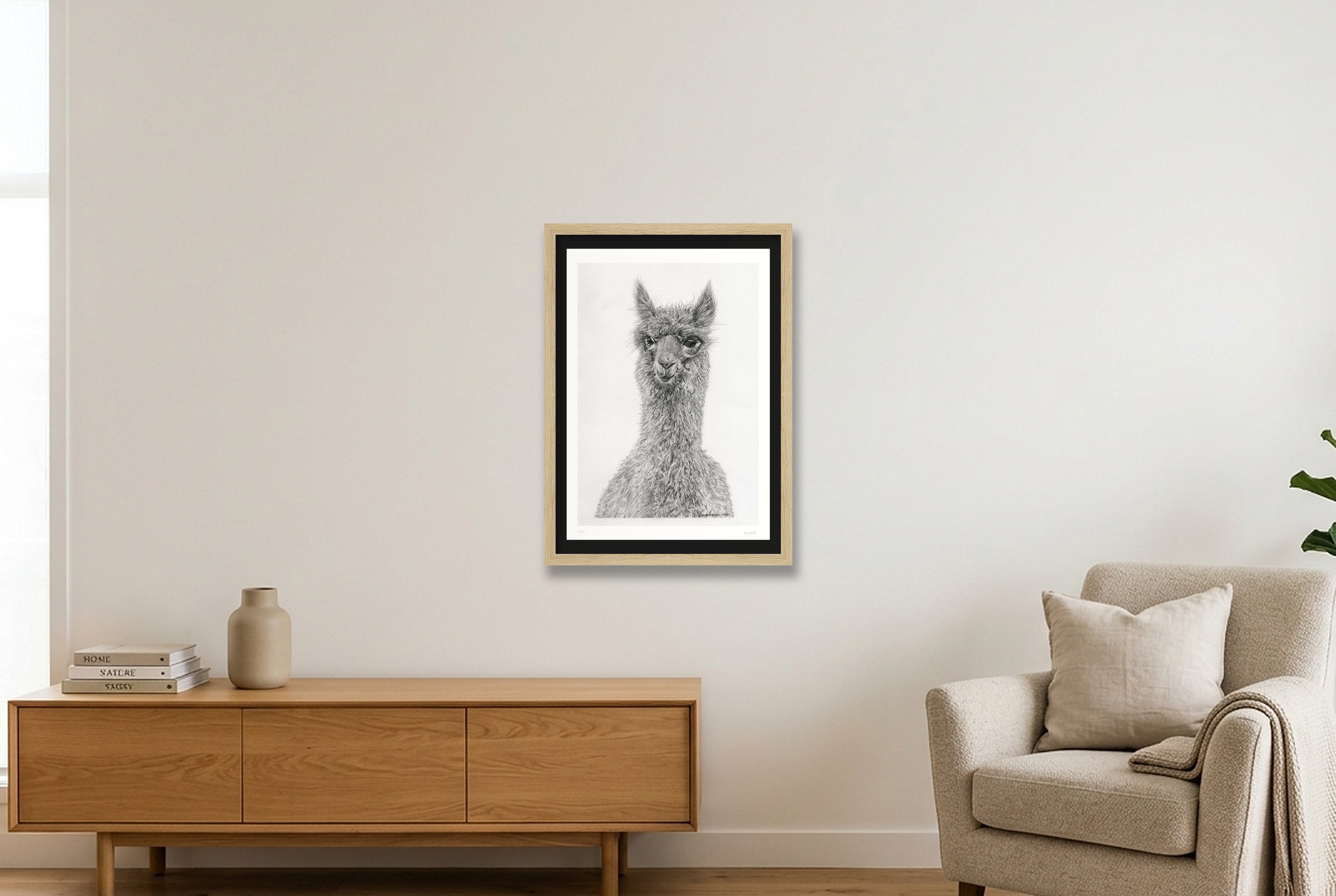 Alpaca Graphite Giclee Print — A3 (30×42cm, 12×17") Oak Frame