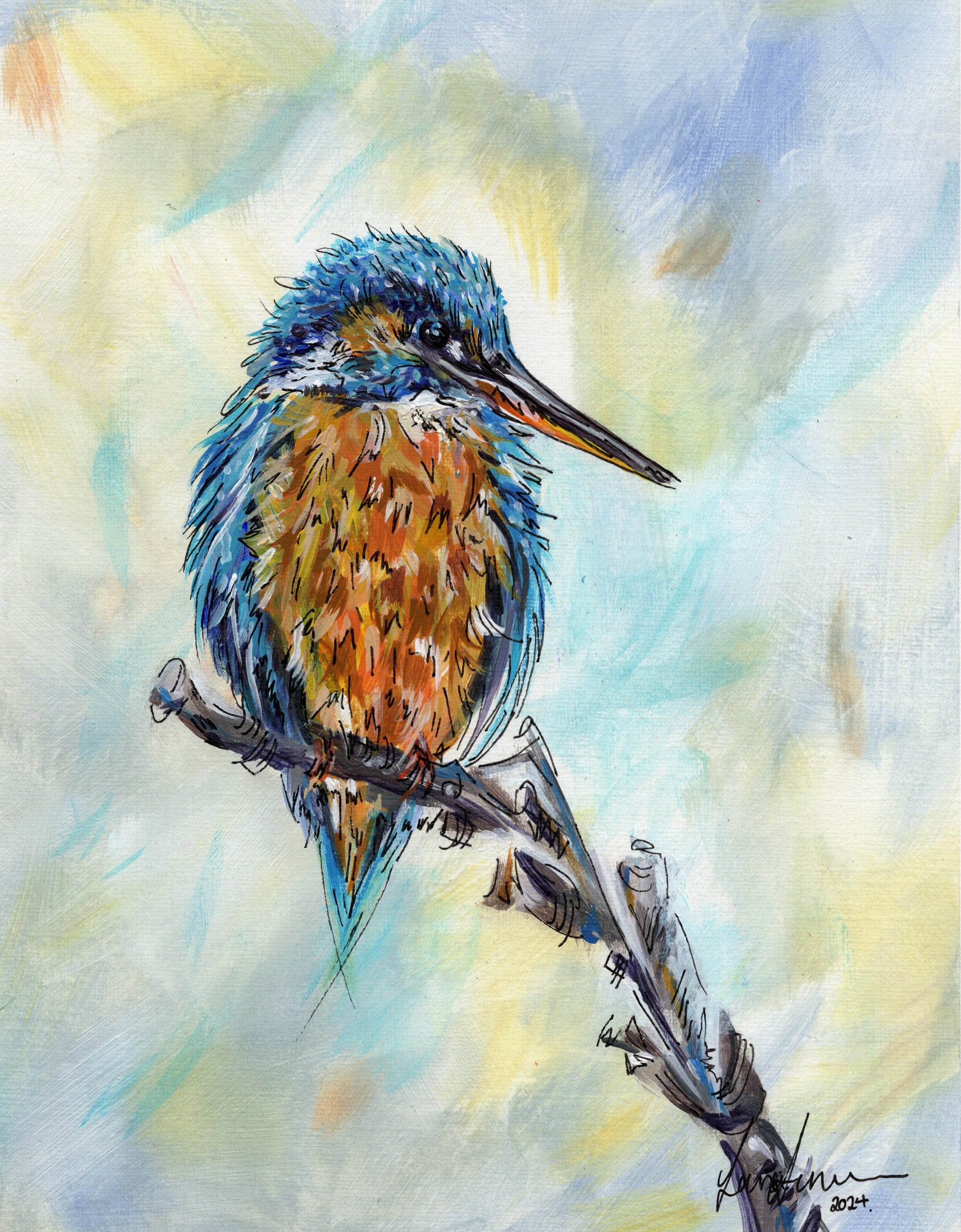 Kingfisher acrylic and fineliner liner drawing, drawn with expressive mark making. Vibrant in colour with the blue and orange of the kingfisher perched on a branch, with a suitable blue, yellow and green background. 